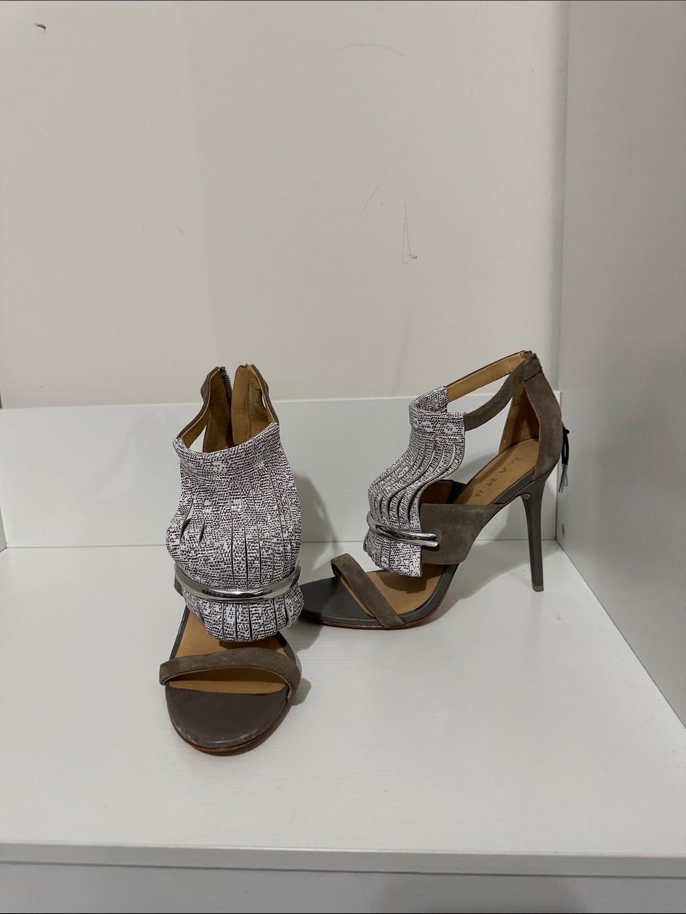 L.A.M.B. Gray and Silver Fringe High Heel Sandals